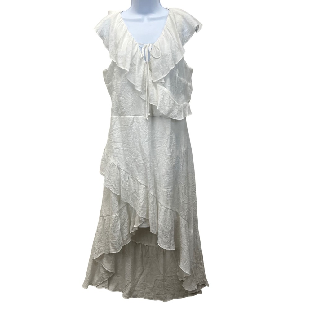 Wrangler White Asymmetrical V-Neck Faux Wrap Hi-Low Ruffled Tiered Dress Large